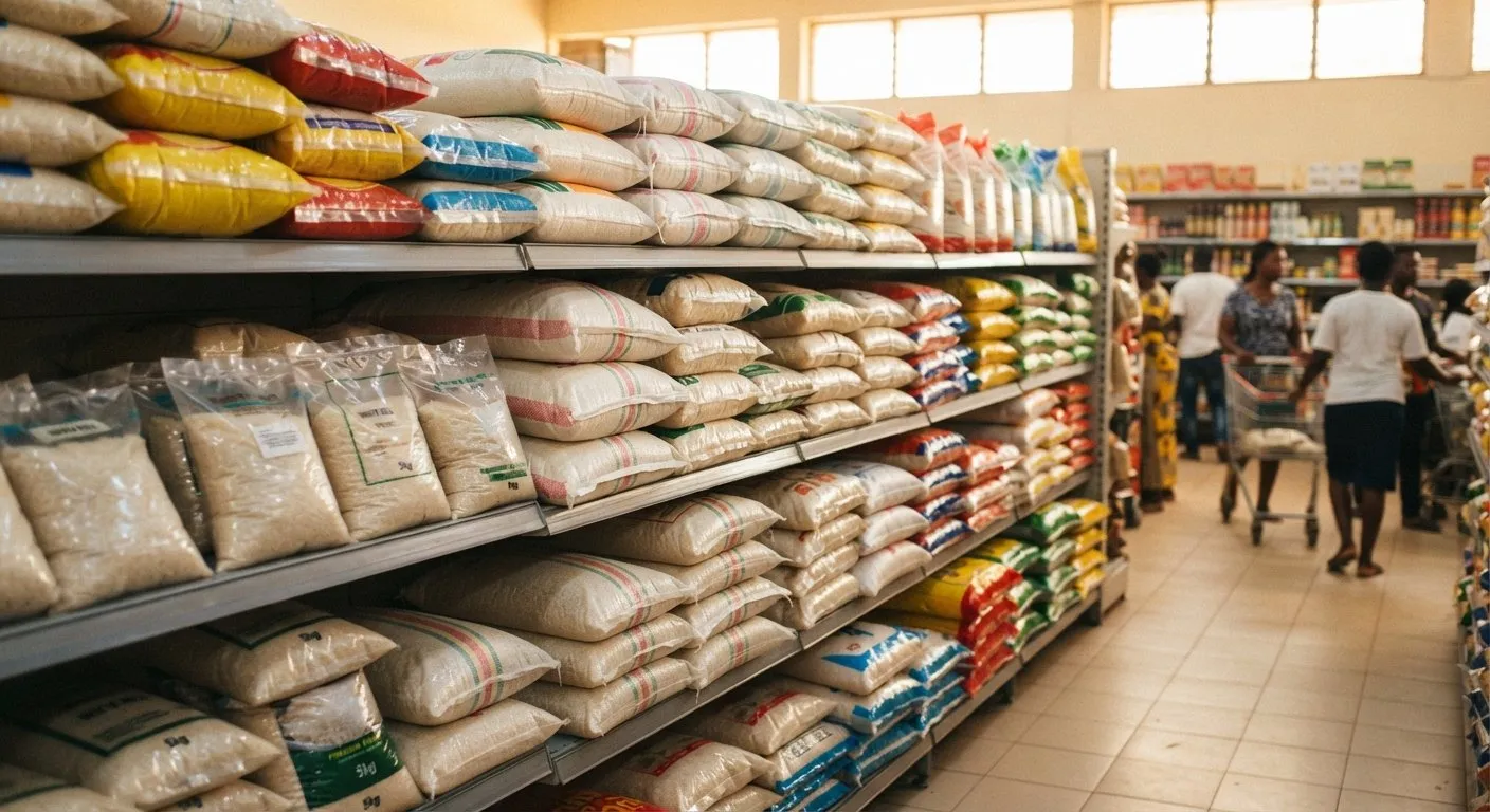 Local and imported rice side by side on a Ghanaian supermarket shelf