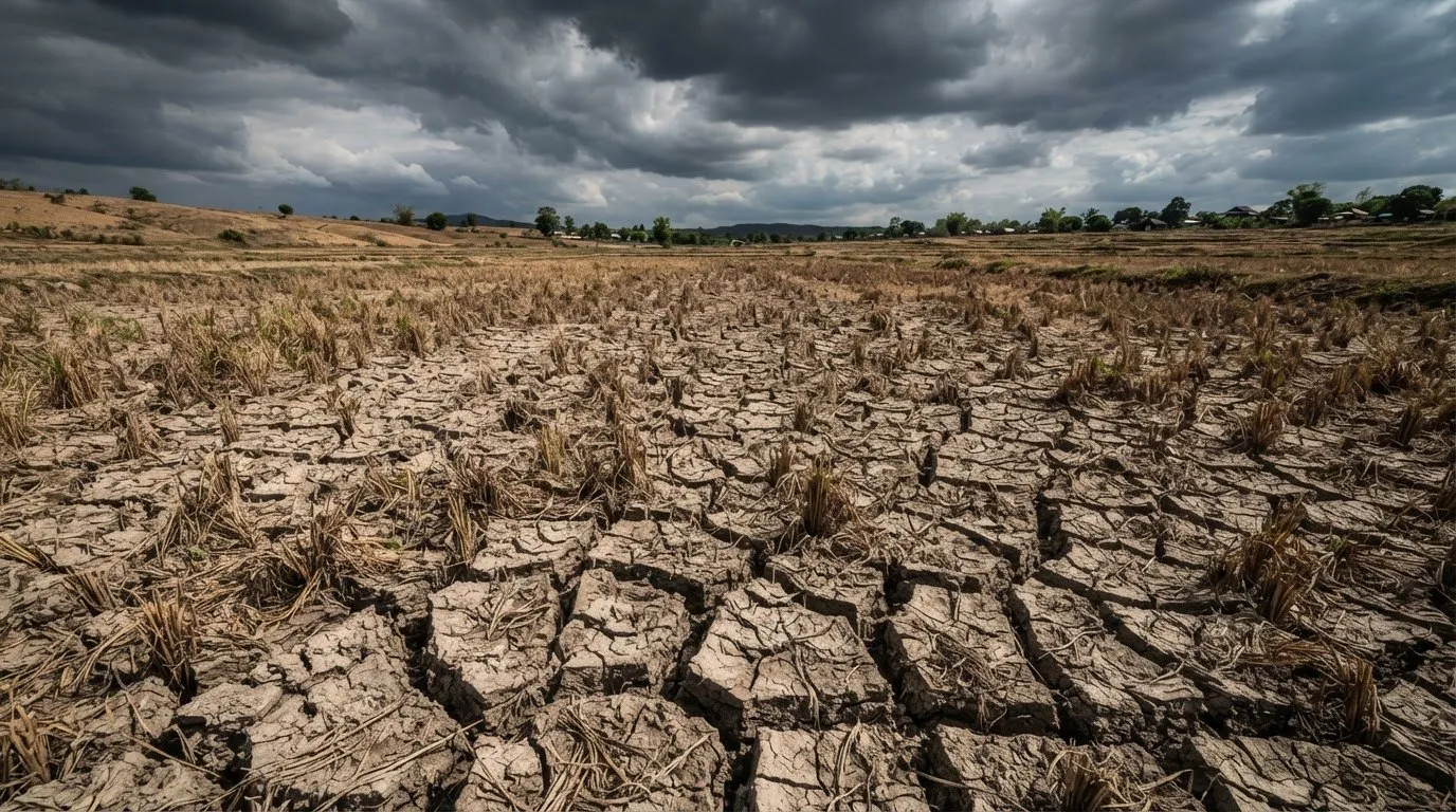 A drought-cracked rice paddy field under a dramatic sky