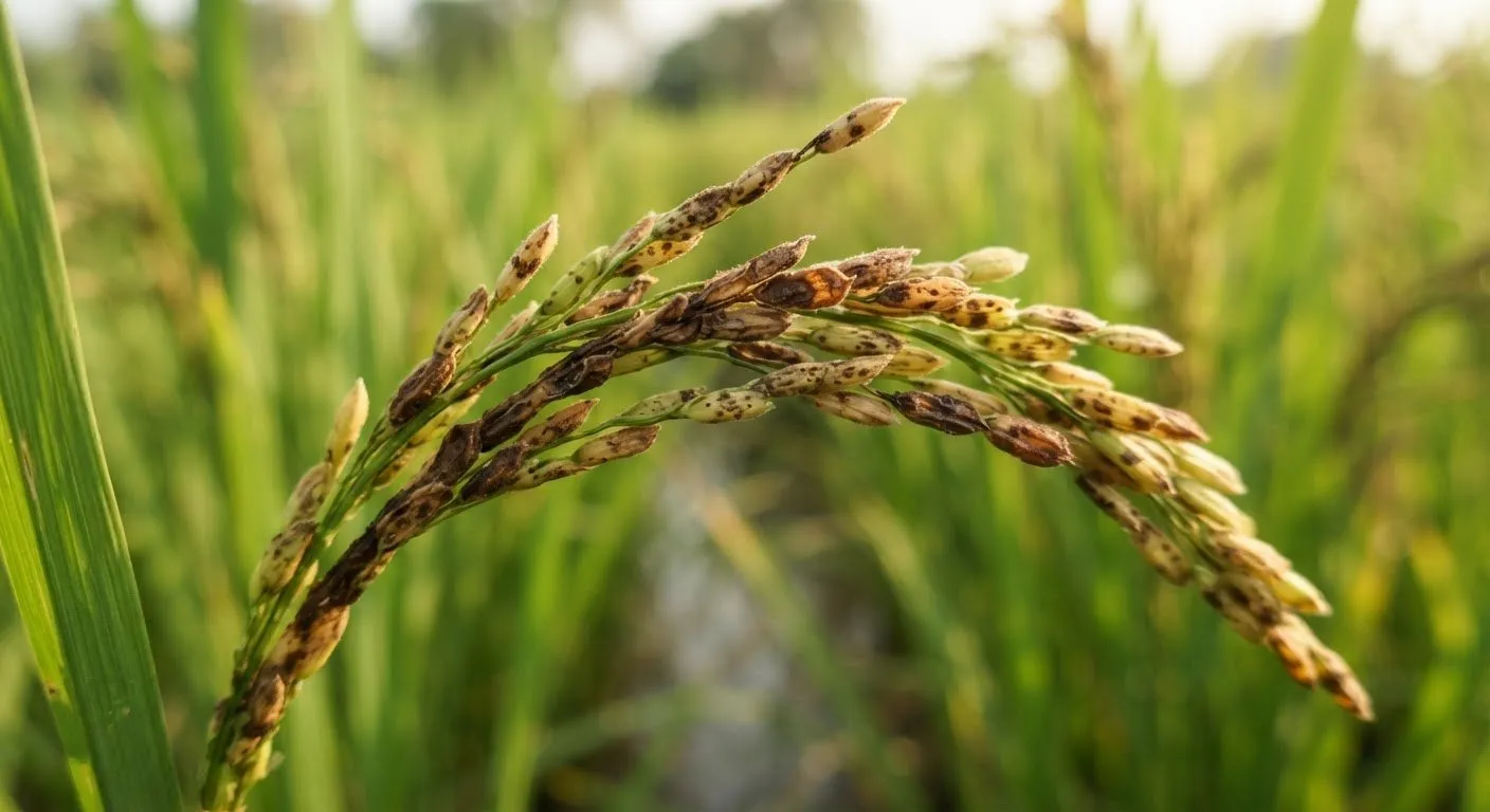 Close-up of a rice panicle showing disease lesions in a paddy field