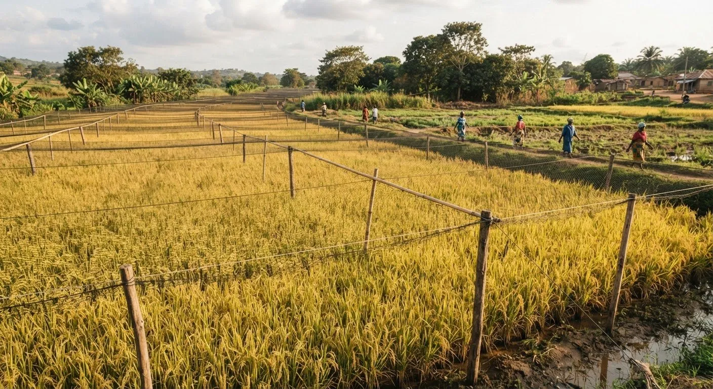 Protective bird netting over a ripening rice paddy field
