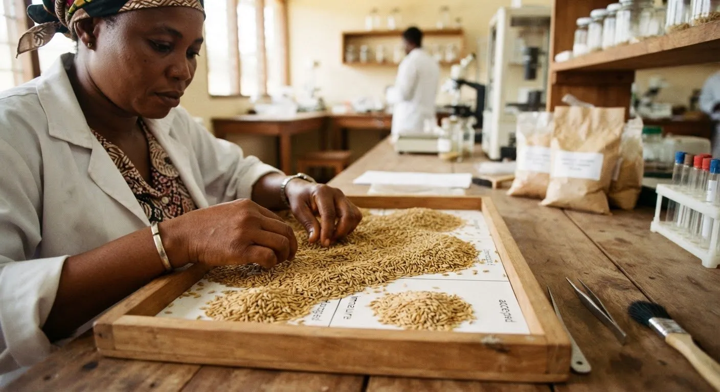 Clean certified rice seed being inspected and hand-graded at a research station