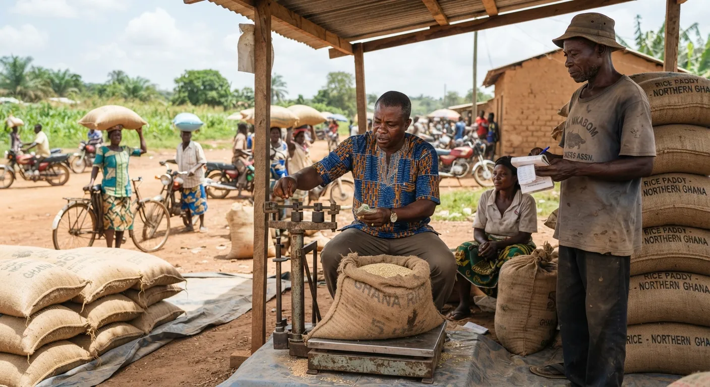 A rice aggregator weighing and buying bags of paddy from smallholder farmers at a collection point