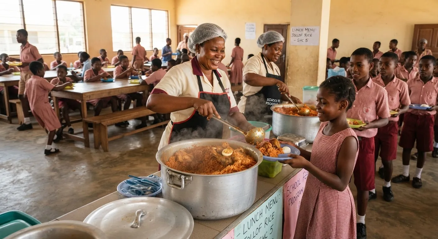 A school canteen in Ghana serving plates of local rice to students at lunch