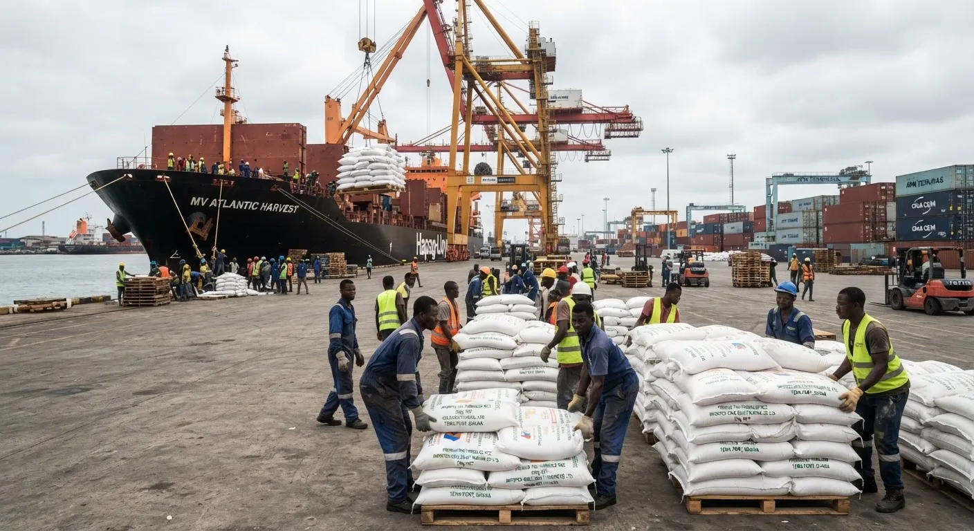 Imported rice sacks being unloaded from a cargo ship at Tema port in Ghana