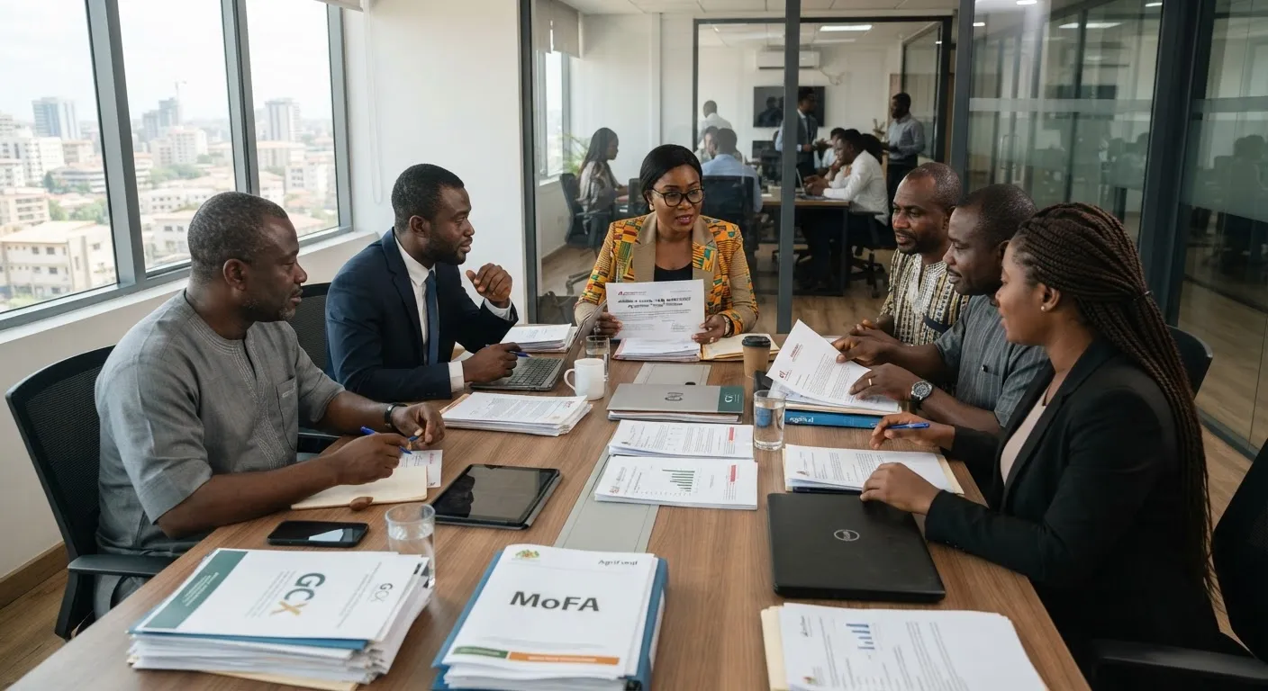 A Ghanaian agribusiness policy and finance meeting in an office with officials reviewing documents