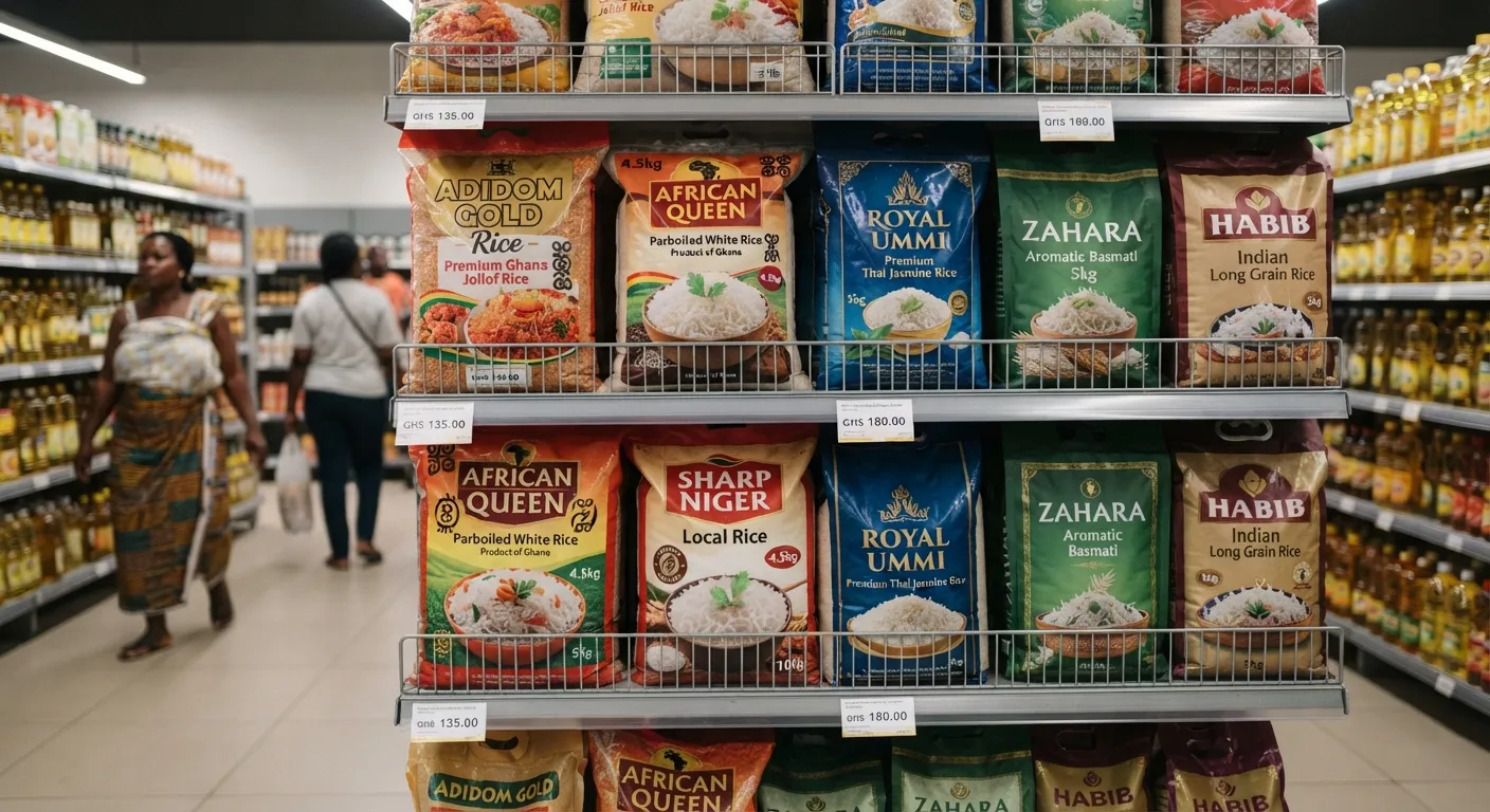 A branded pack of clean local Ghanaian rice on a shelf beside an imported long-grain rice bag