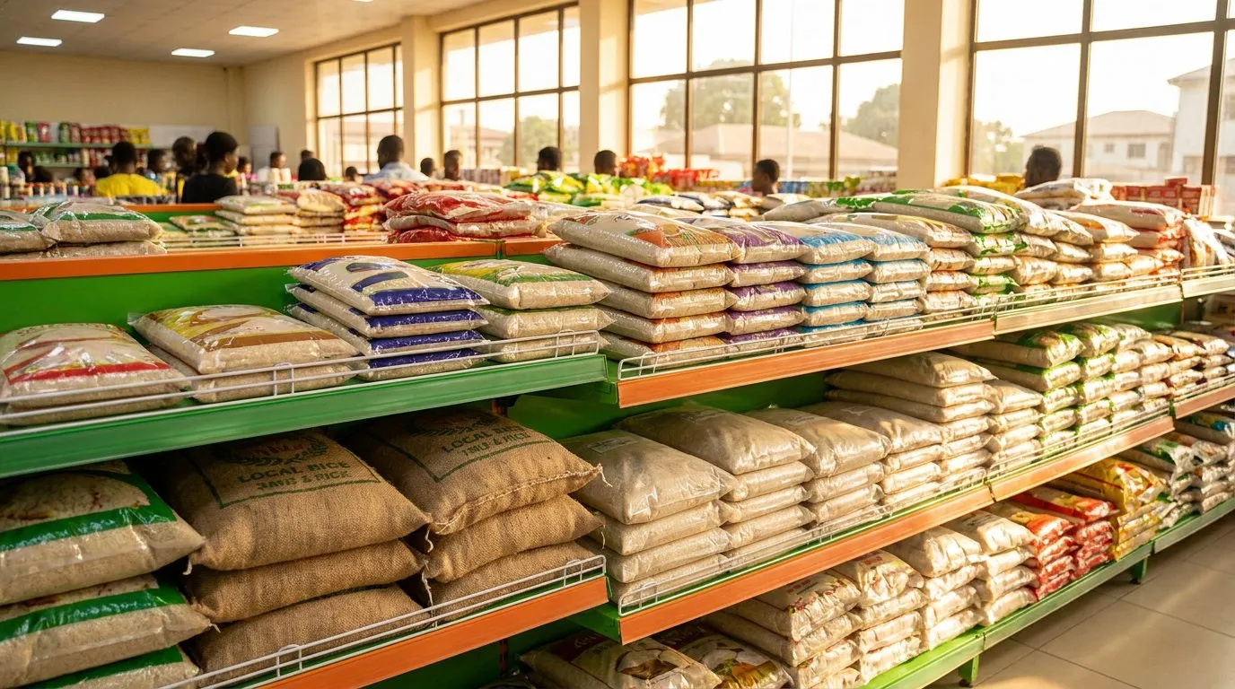 Branded local rice beside imported rice on a supermarket shelf