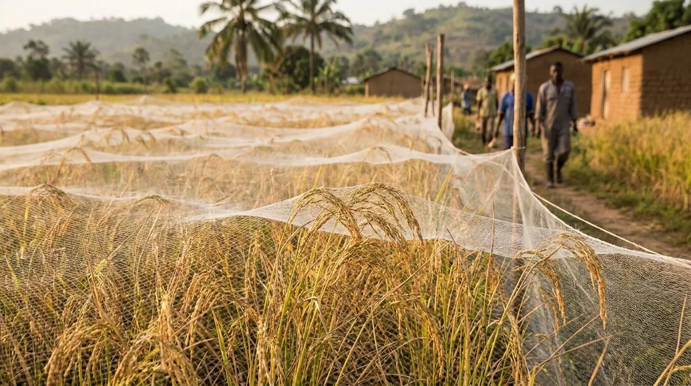 Blast lesions on a rice panicle, and bird netting over a paddy field