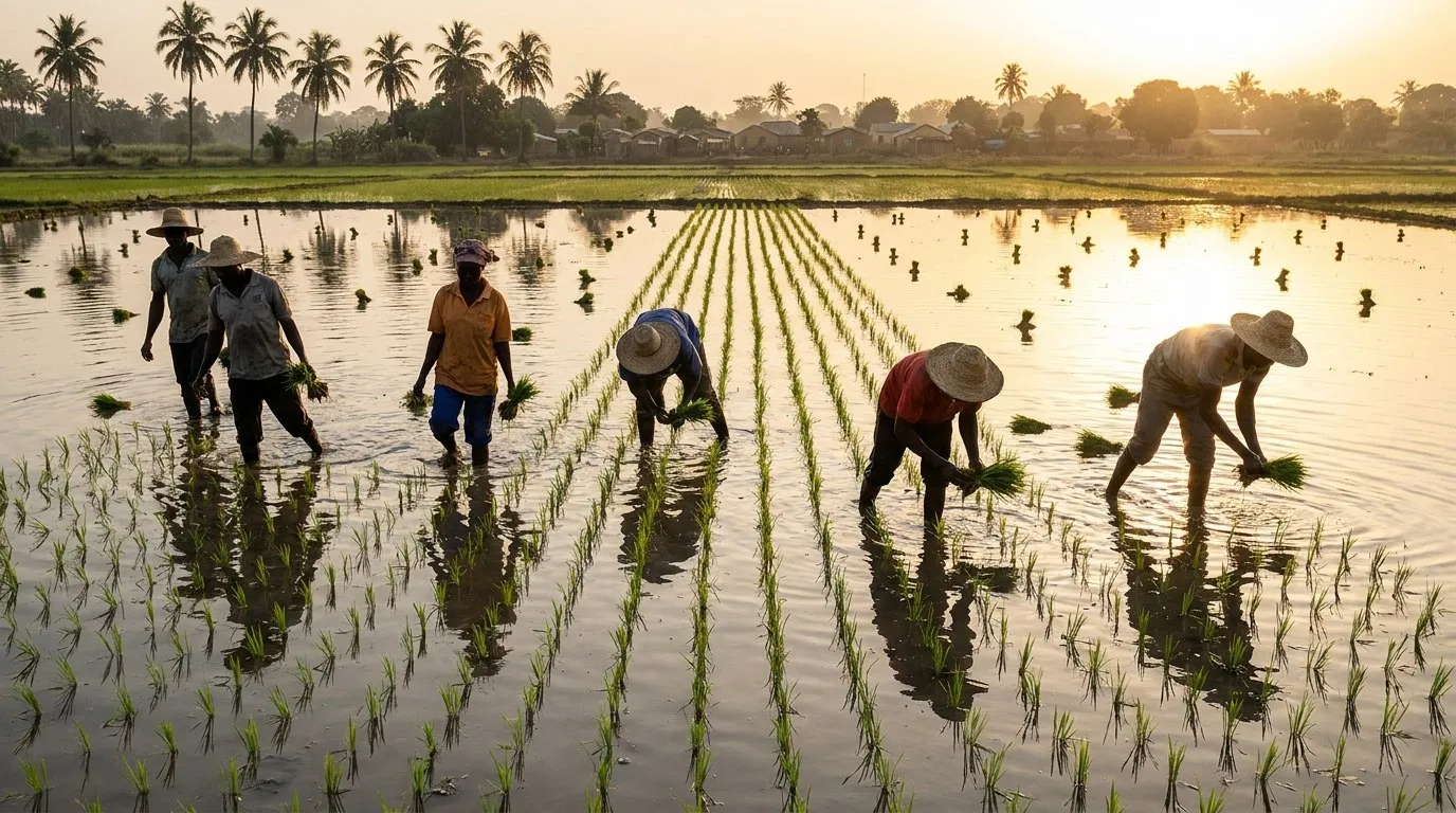 Farmers transplanting rice in rows on a levelled, bunded field