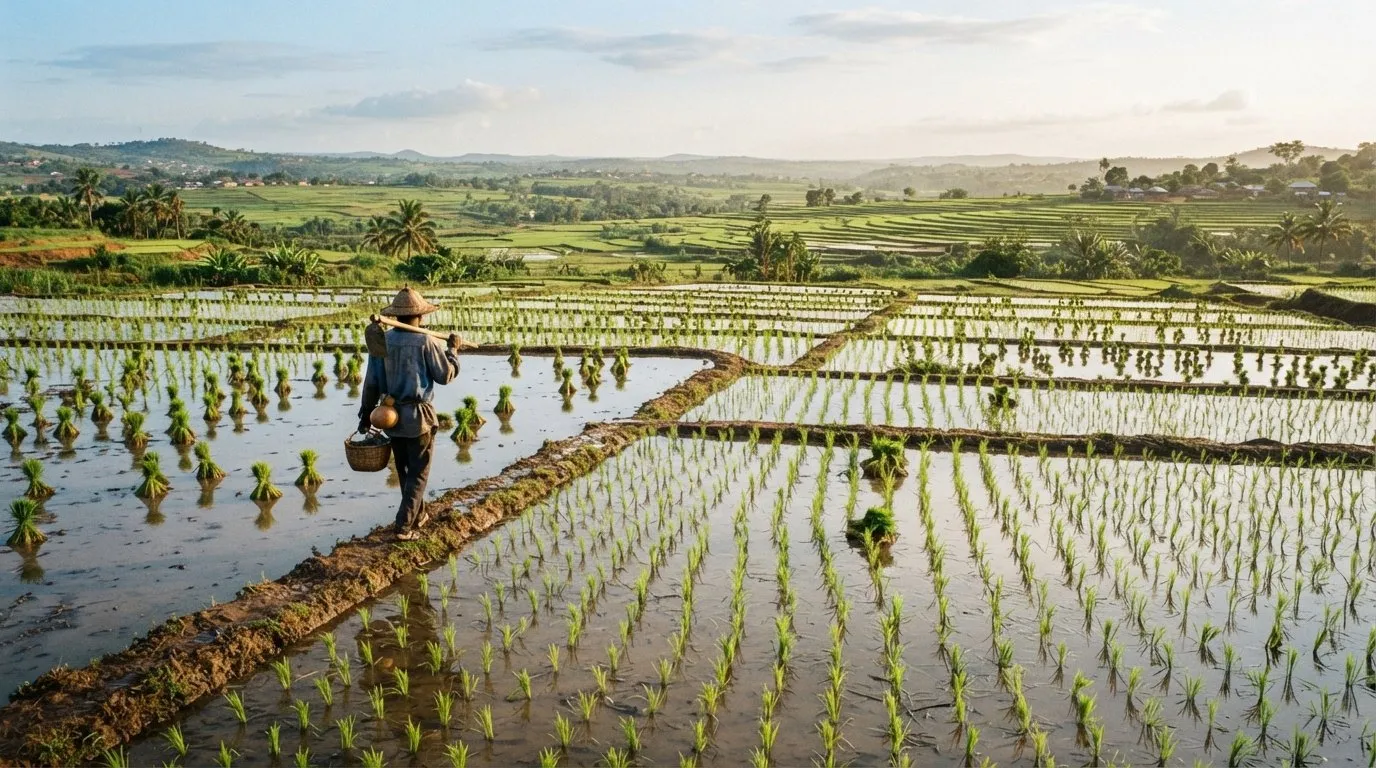 Young rice seedlings freshly planted in flooded fields at the start of the season