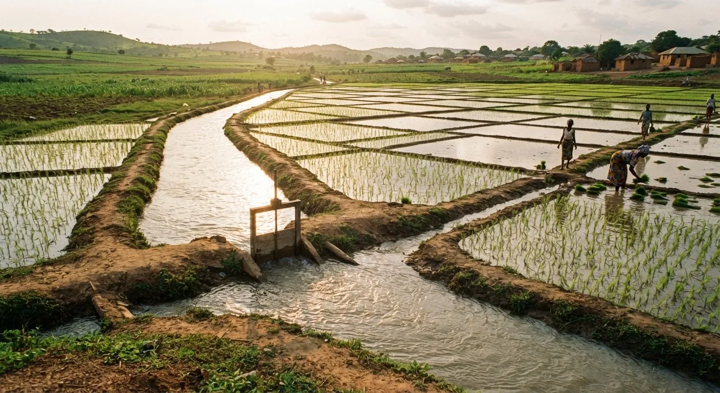 An irrigation canal feeding geometric flooded rice paddies at a Ghanaian scheme