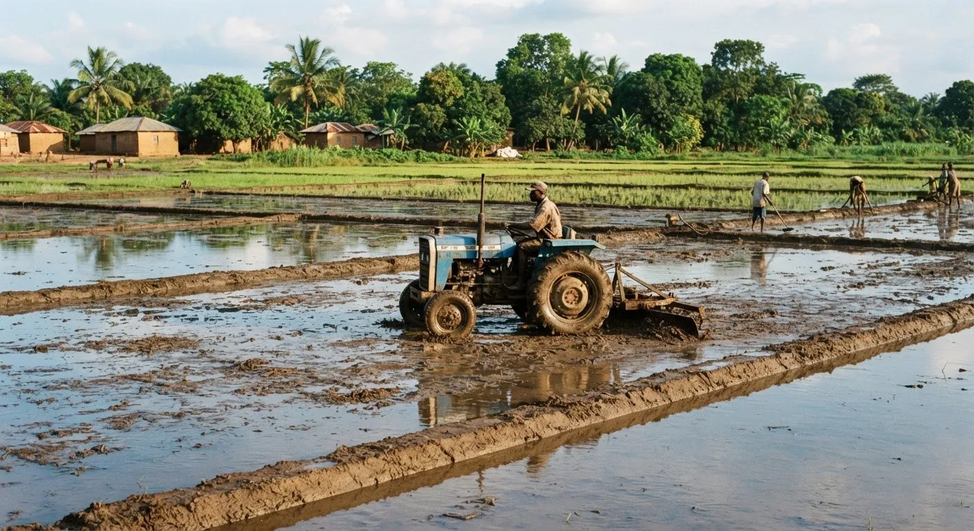 A freshly levelled and bunded paddy field with straight water-holding bunds