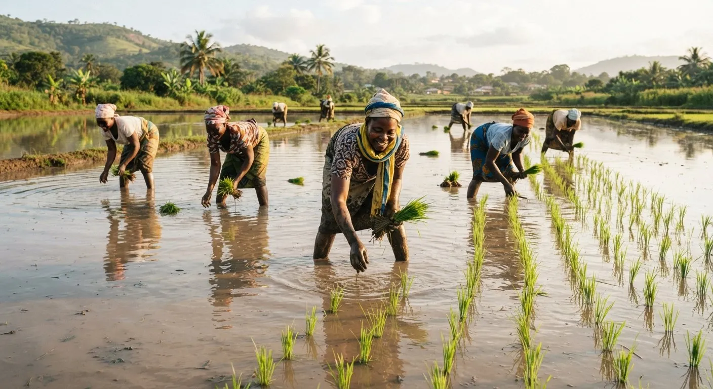 Farmers transplanting young rice seedlings in rows across a flooded, levelled paddy