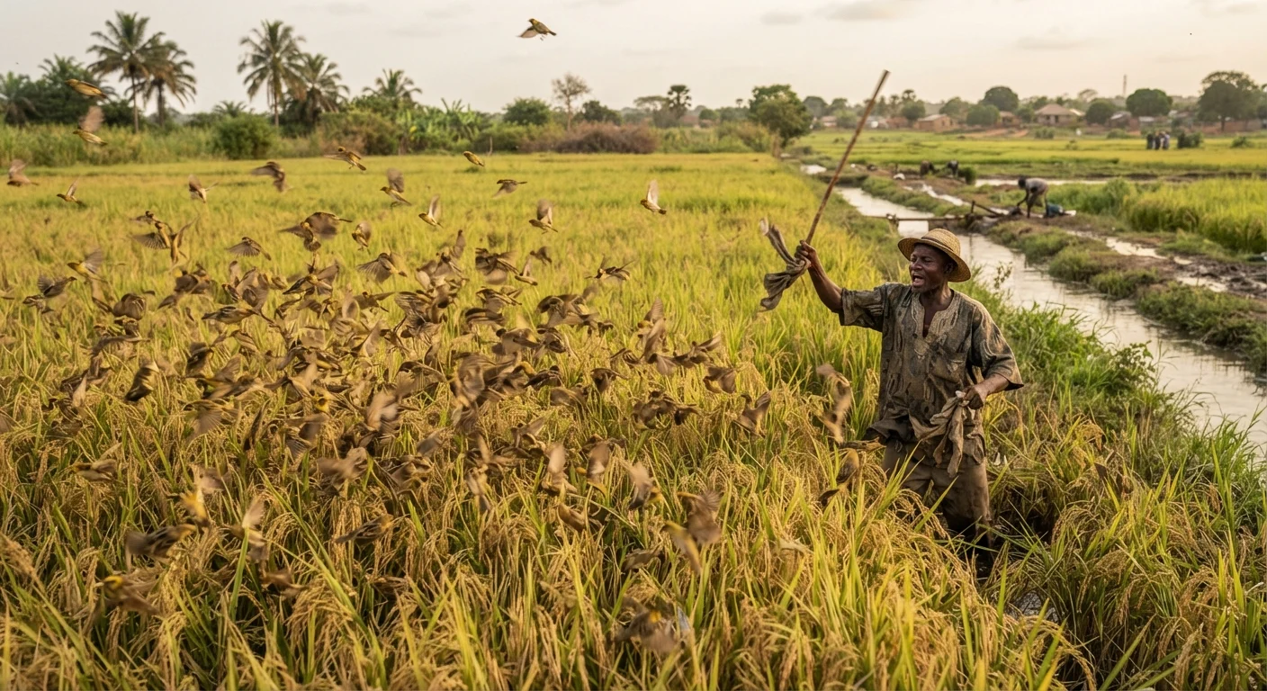 A flock of weaver birds descending on ripening rice panicles near an irrigation scheme in Ghana, a farmer scaring them away, documentary photograph