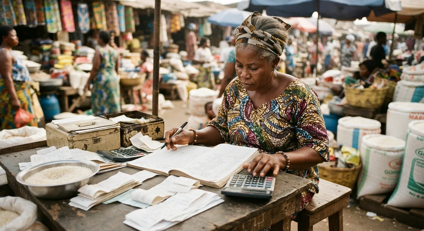 A Ghanaian rice trader reviewing handwritten cost figures and receipts with a calculator at a market stall, documentary photograph