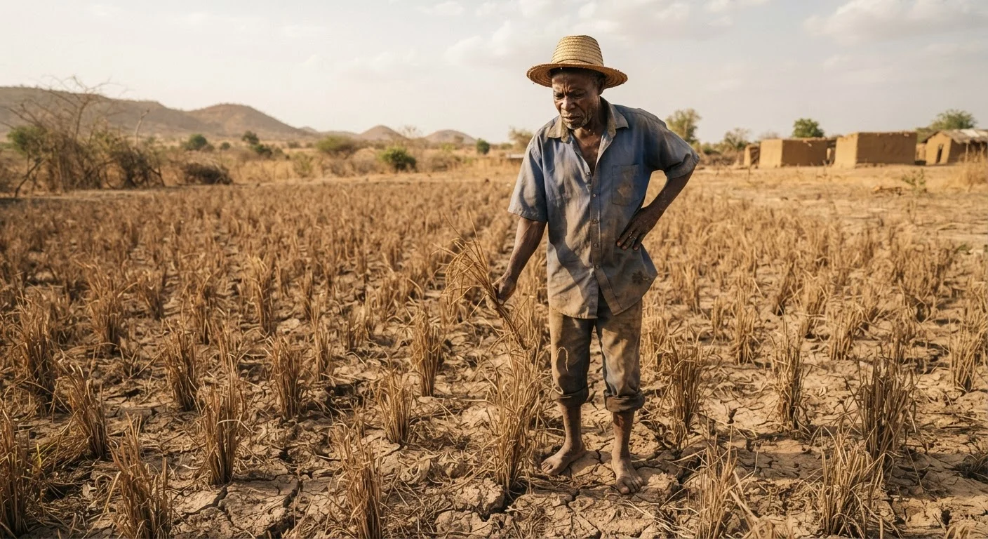 A drought-stricken rice field in northern Ghana with cracked dry soil and withered rice plants, a worried farmer standing in it, documentary photograph