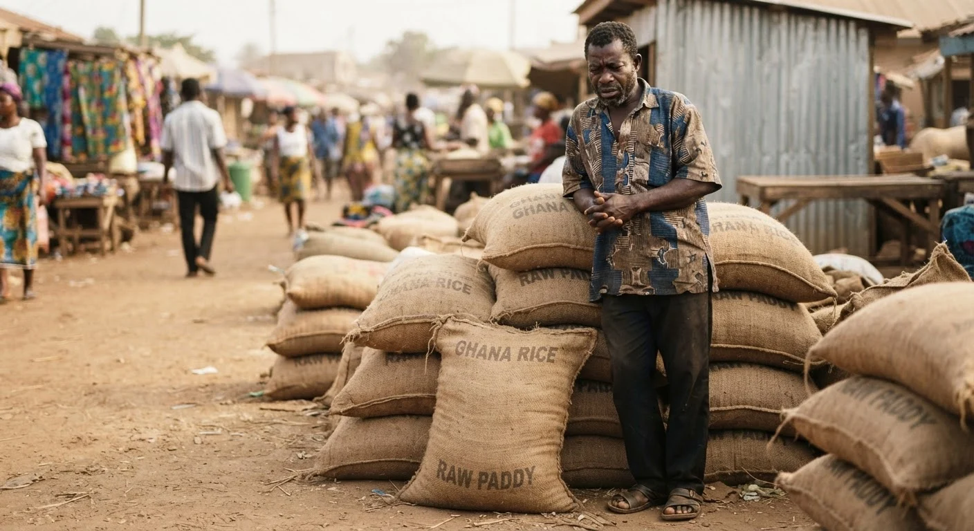 A Ghanaian rice farmer standing beside sacks of unsold raw paddy at a rural market, looking worried as prices collapse, documentary photograph
