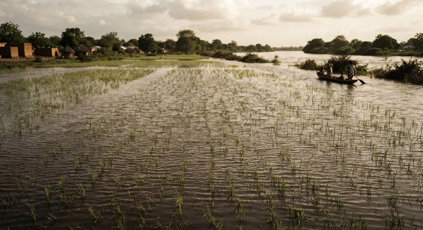 A rice field submerged under floodwater along the White Volta after Bagre dam spillage in Ghana's Upper East, only the tips of the rice showing, documentary photograph