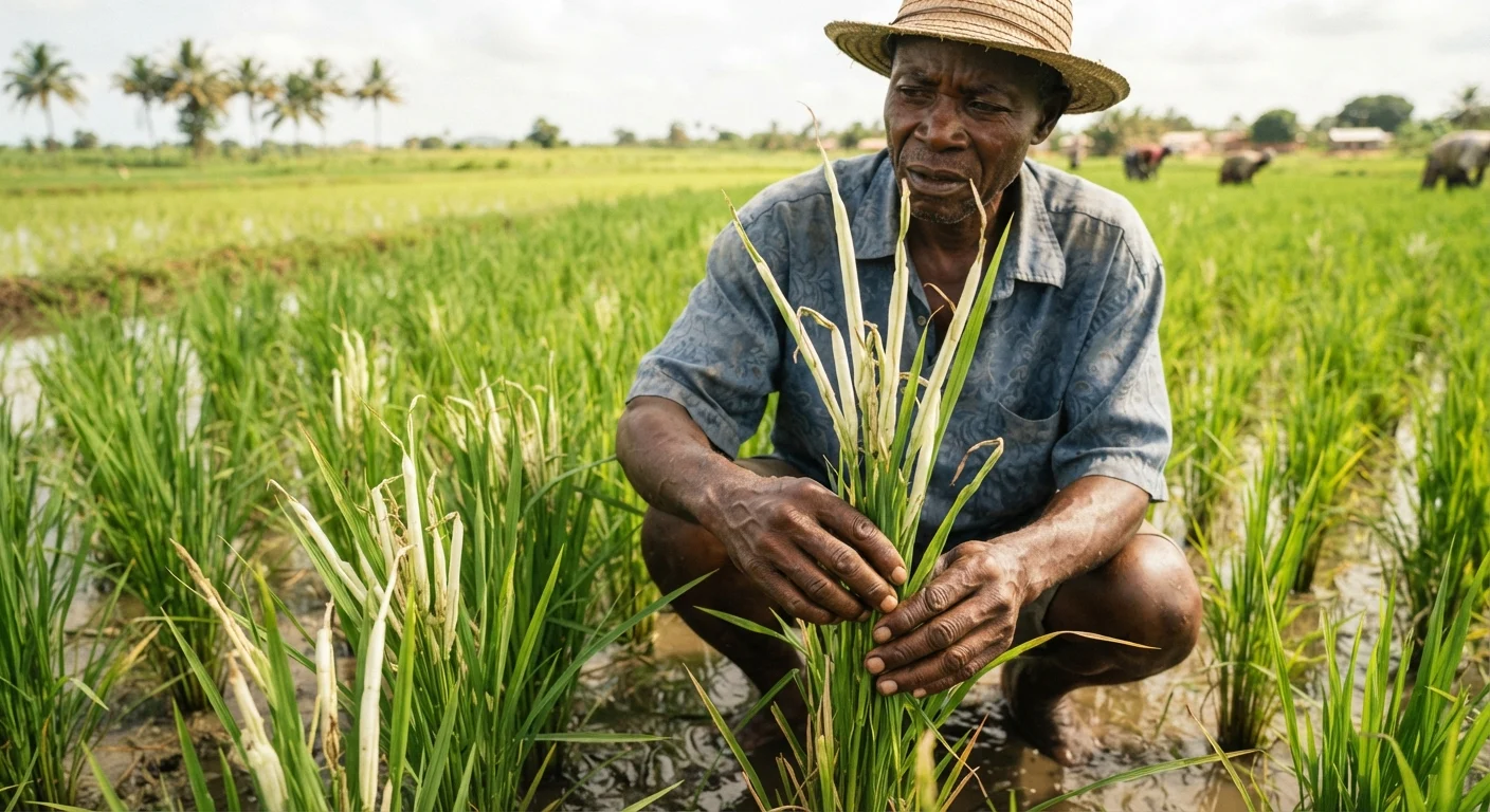 Rice tillers deformed into tubular onion-leaf galls by African rice gall midge in a Ghanaian lowland field, a farmer holding a damaged stem, documentary photograph