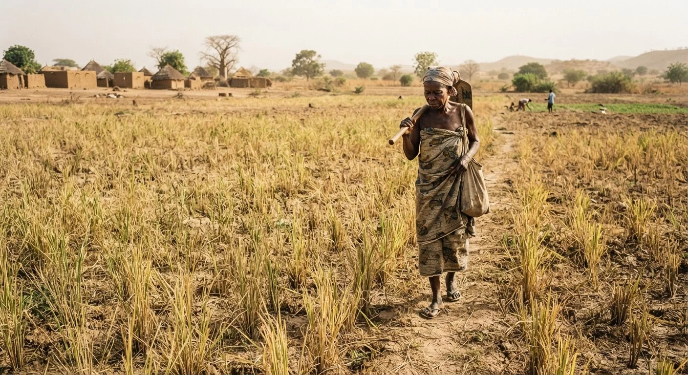 A Ghanaian rice field planted late and stressed by end-of-season drought, thin yellowing plants under a hot sky, documentary photograph