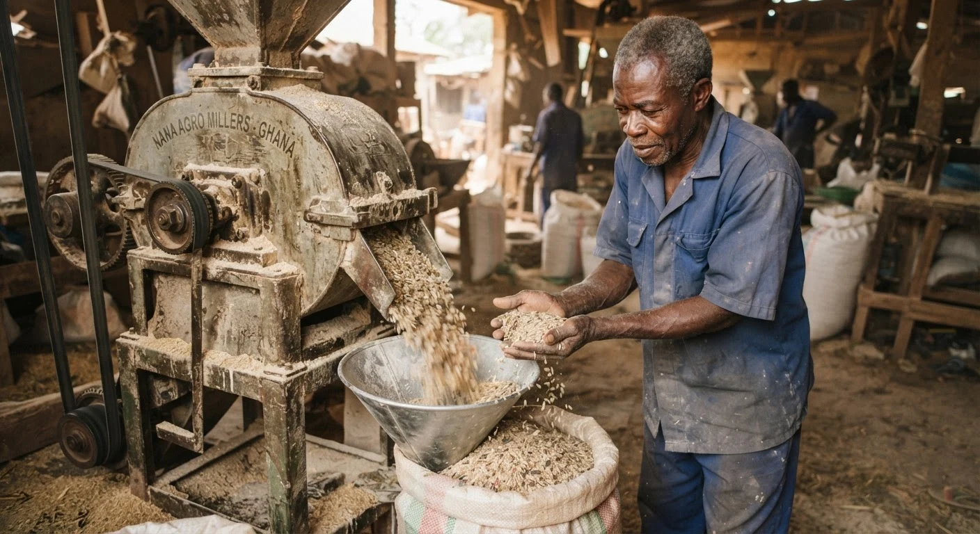 Broken, unevenly milled local rice grains pouring from an old Ghanaian rice mill, a miller inspecting the poor-quality output, documentary photograph