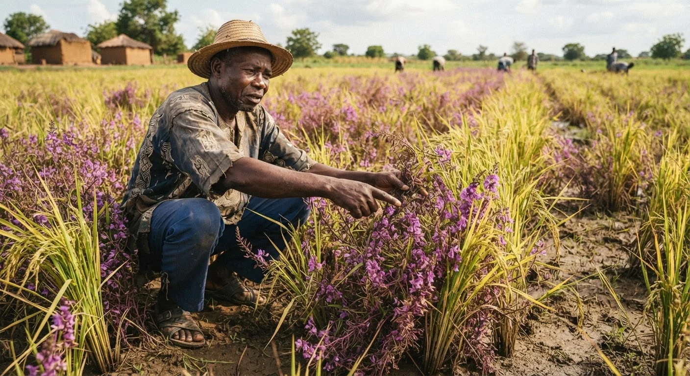 Purple-flowered parasitic vampireweed choking a rain-fed rice field in northern Ghana, a farmer pointing at the infestation, documentary photograph
