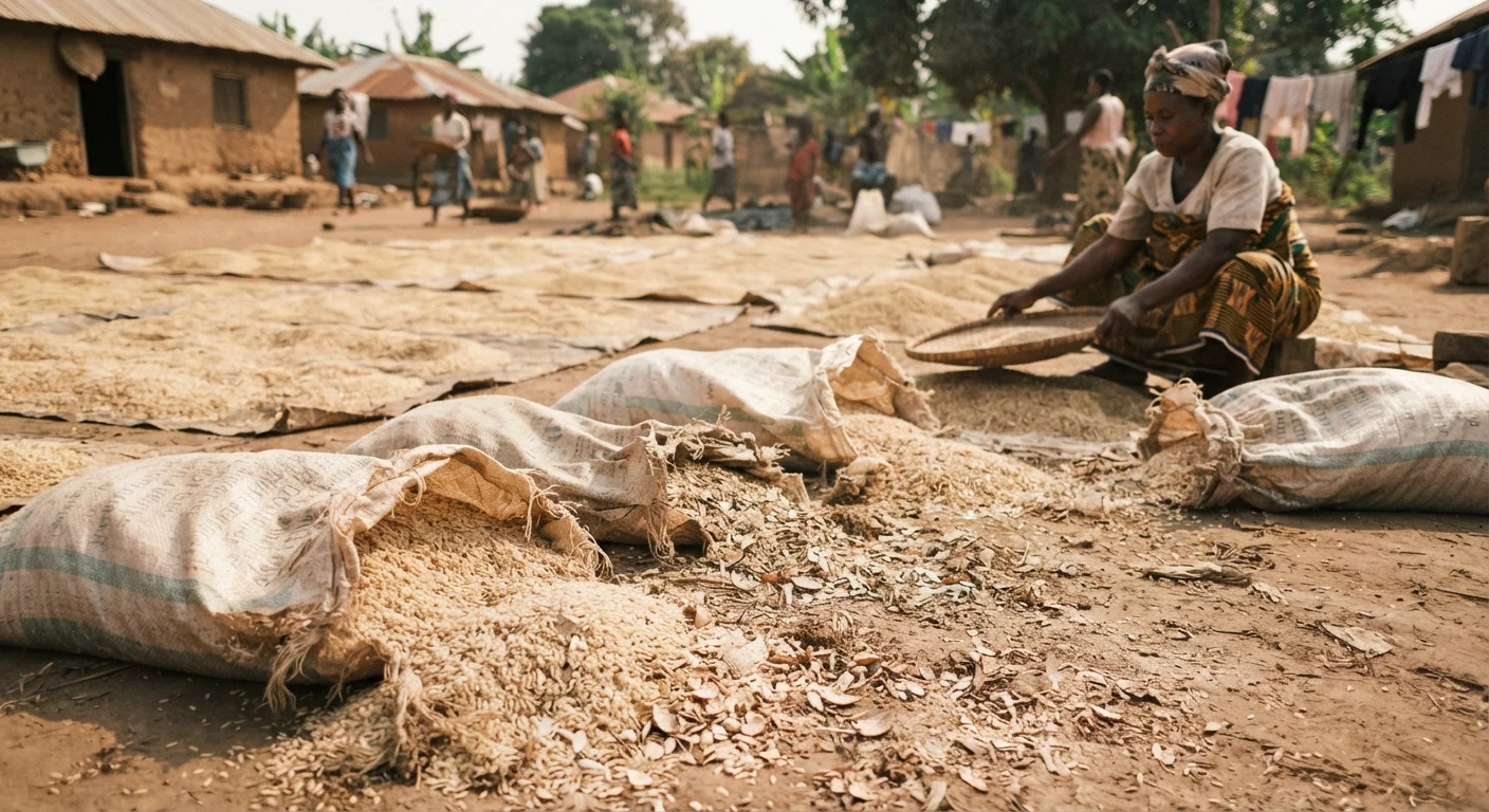 Freshly harvested rice drying on bare ground and spilling from torn sacks in Ghana, showing cracked and broken grain, documentary photograph