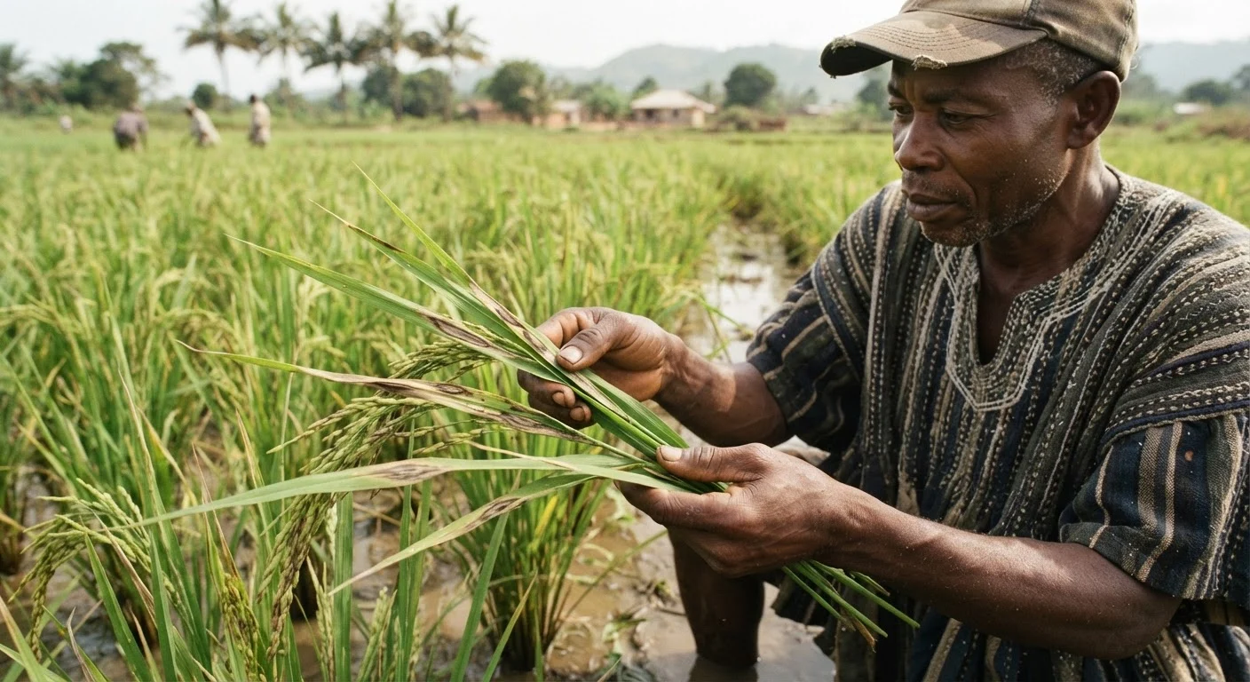 Close-up of rice leaves and necks showing grey-brown rice blast lesions in a Ghanaian paddy, a farmer examining the diseased plants, documentary photograph