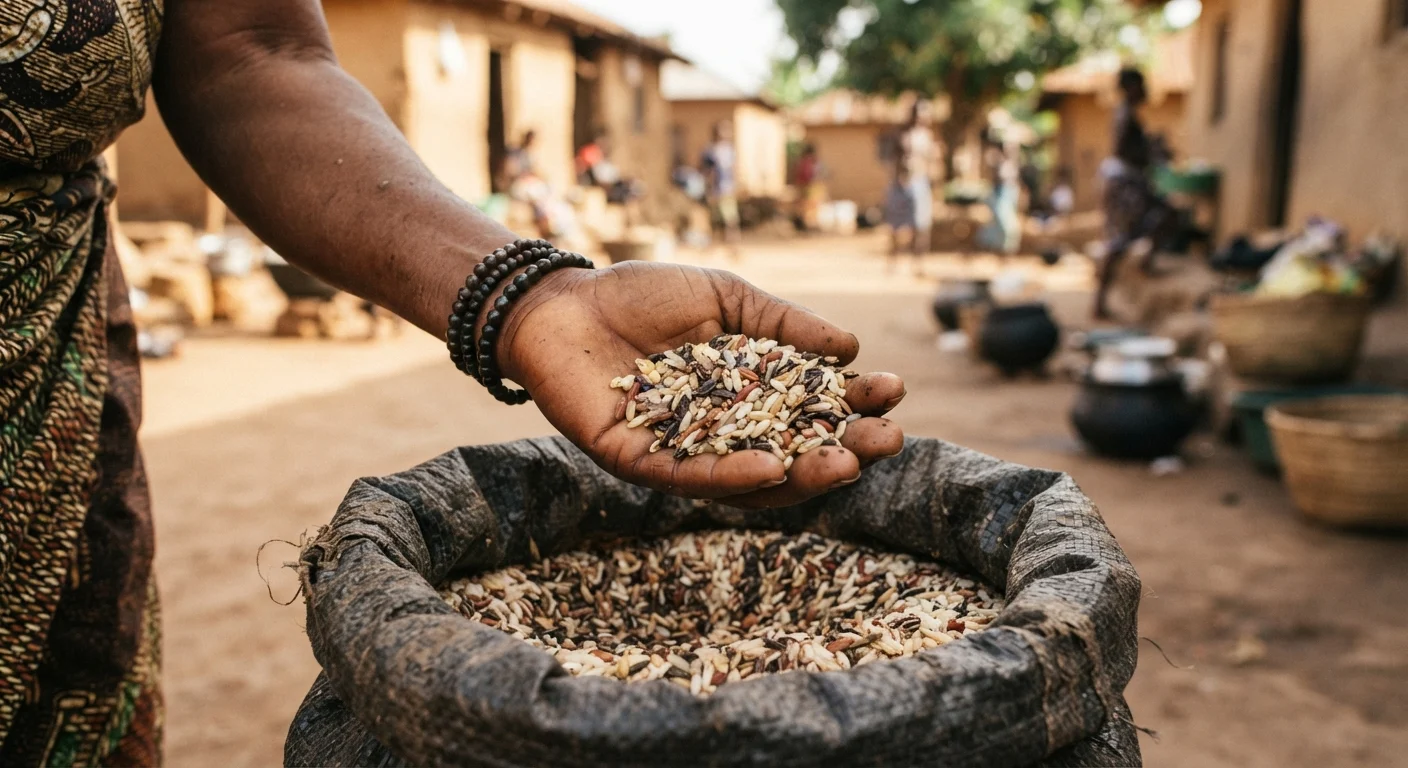 A handful of saved rice seed showing a mix of grain types and discoloured broken grains held over a sack in a Ghanaian village, documentary photograph