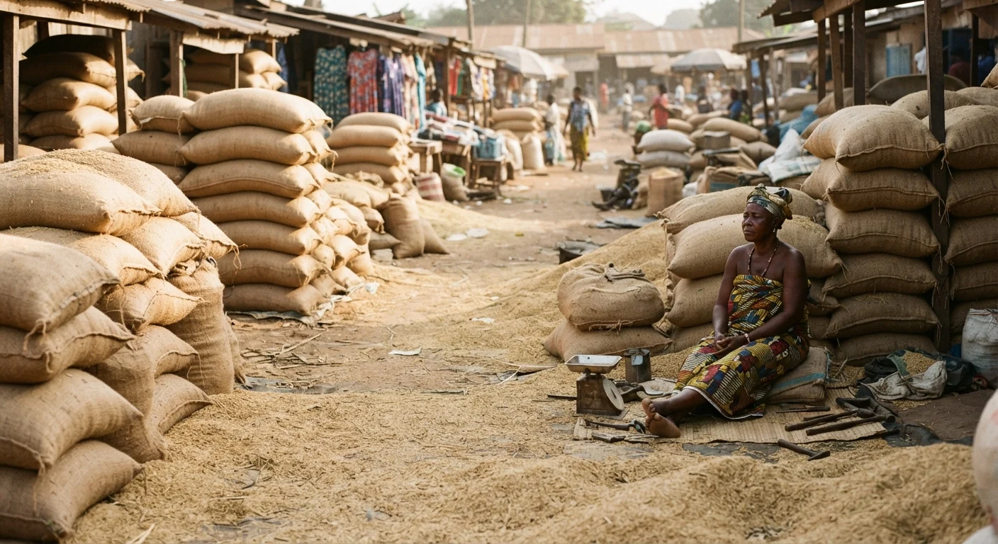 A Ghanaian rice market flooded with paddy at harvest, sacks stacked high with few buyers in sight, documentary photograph