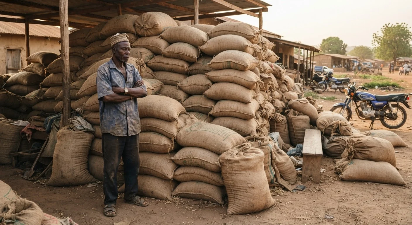 Heaps of unsold rice paddy in jute sacks piling up at a Ghanaian farm during a market glut, an idle farmer standing beside them, documentary photograph