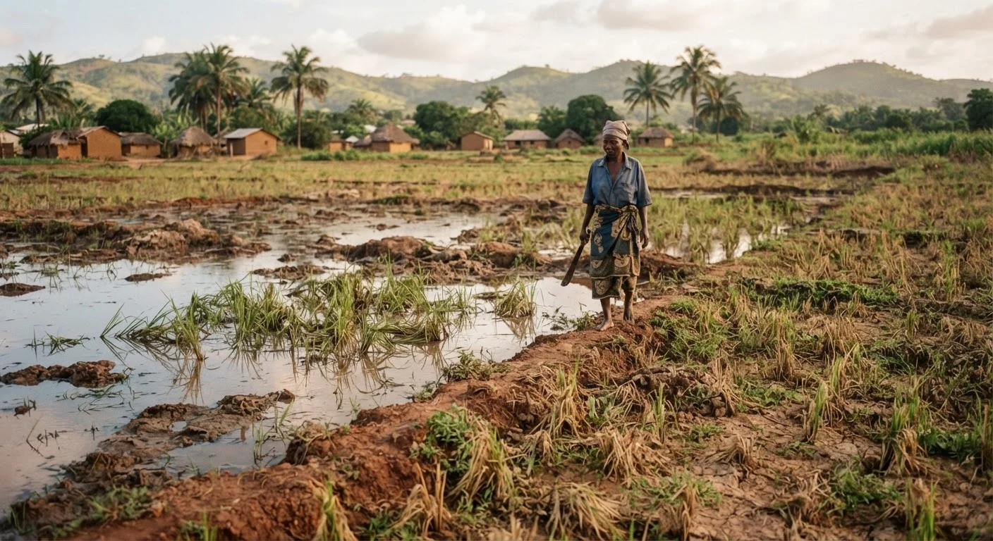 An unevenly flooded rice paddy in Ghana with some plants drowned and others left dry on a poorly levelled field, documentary photograph