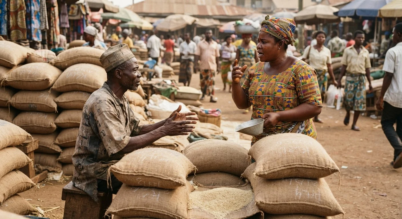 A rice wholesaler negotiating a low price with a smallholder farmer over sacks of paddy at a busy Ghanaian market, documentary photograph
