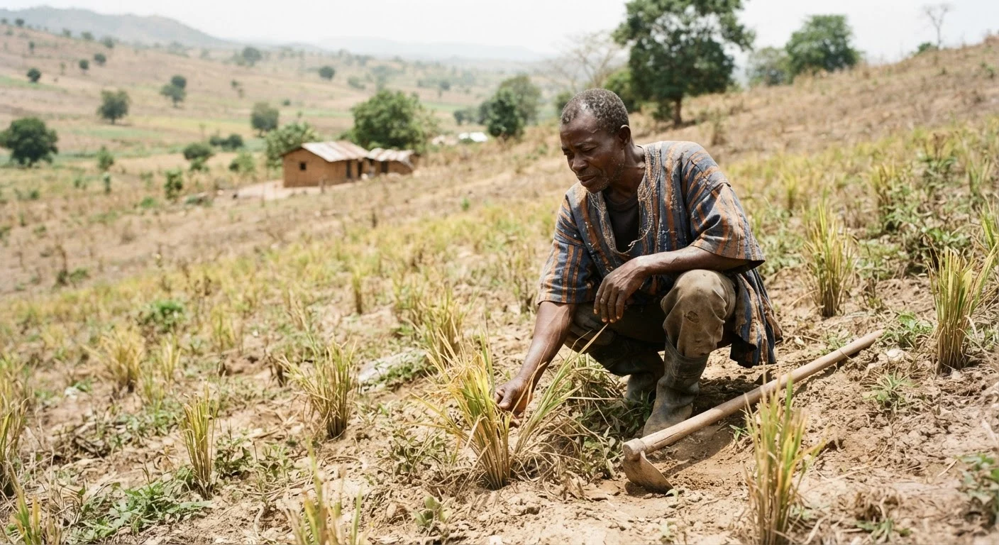 An aromatic lowland rice variety struggling on a dry upland slope in Ghana, patchy underperforming plants, a farmer inspecting them, documentary photograph