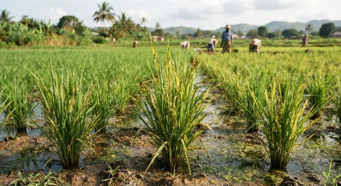 Rice plants with yellow-mottled, streaked leaves from rice yellow mottle virus in a Ghanaian irrigated field, documentary photograph