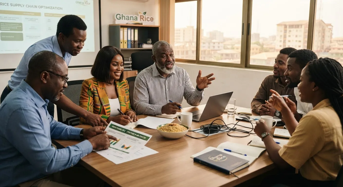 A boardroom advisory meeting of Ghanaian rice business people discussing strategy