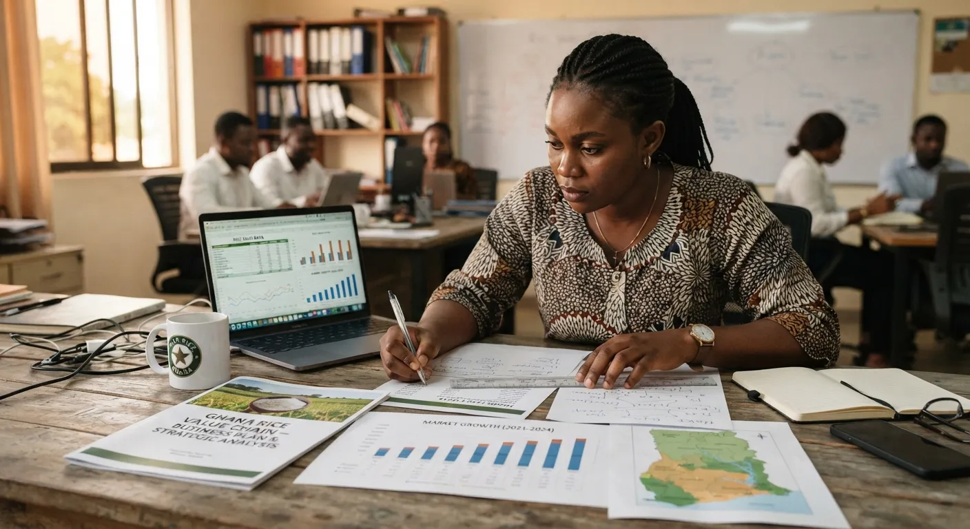 A Ghanaian entrepreneur analyst reviewing a rice business plan and market charts
