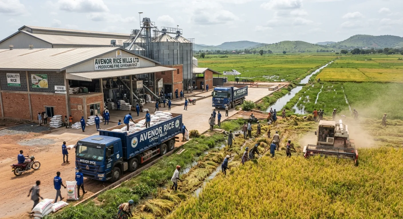 An integrated Ghana rice operation with a modern mill beside irrigated paddy fields