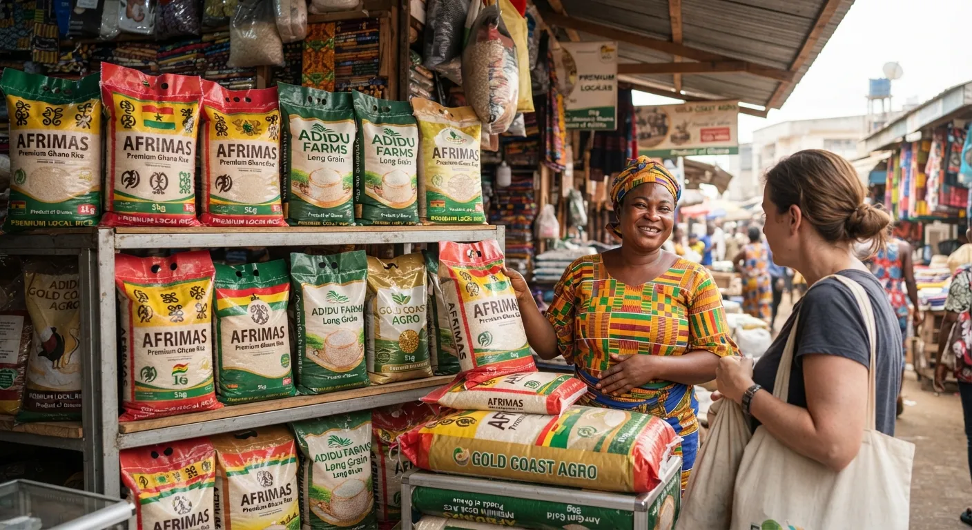 Branded bags of premium local Ghanaian rice stacked on a market shelf with a shopkeeper
