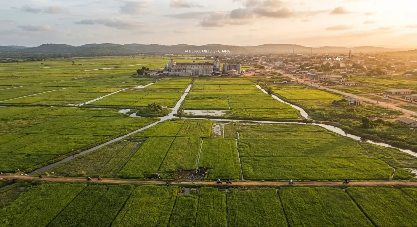 A wide aerial view of Ghana rice fields at golden hour stretching toward a mill and town