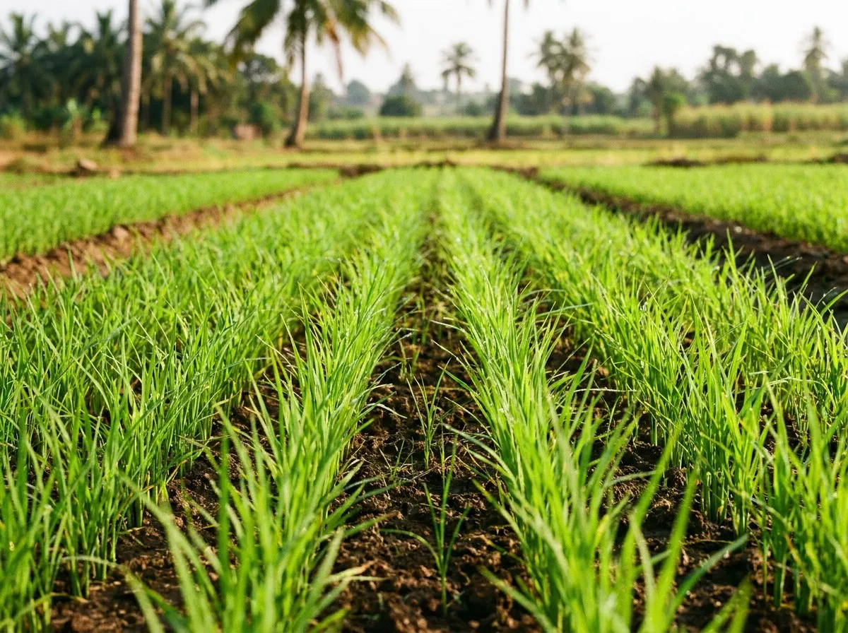 Young rice seedlings in a nursery bed, ready for transplanting