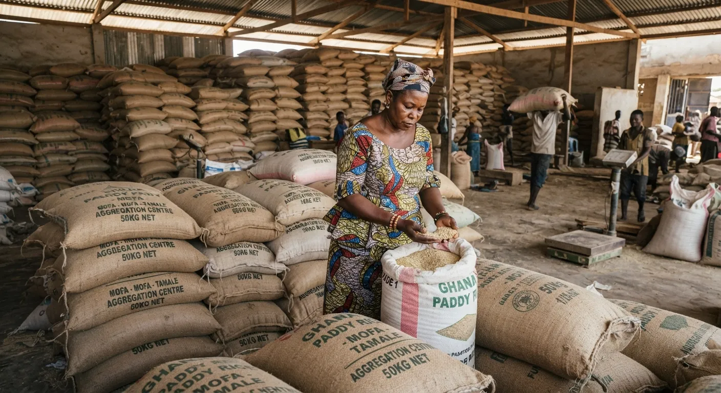Sacks of paddy rice piled at a rural aggregation warehouse with a trader inspecting them