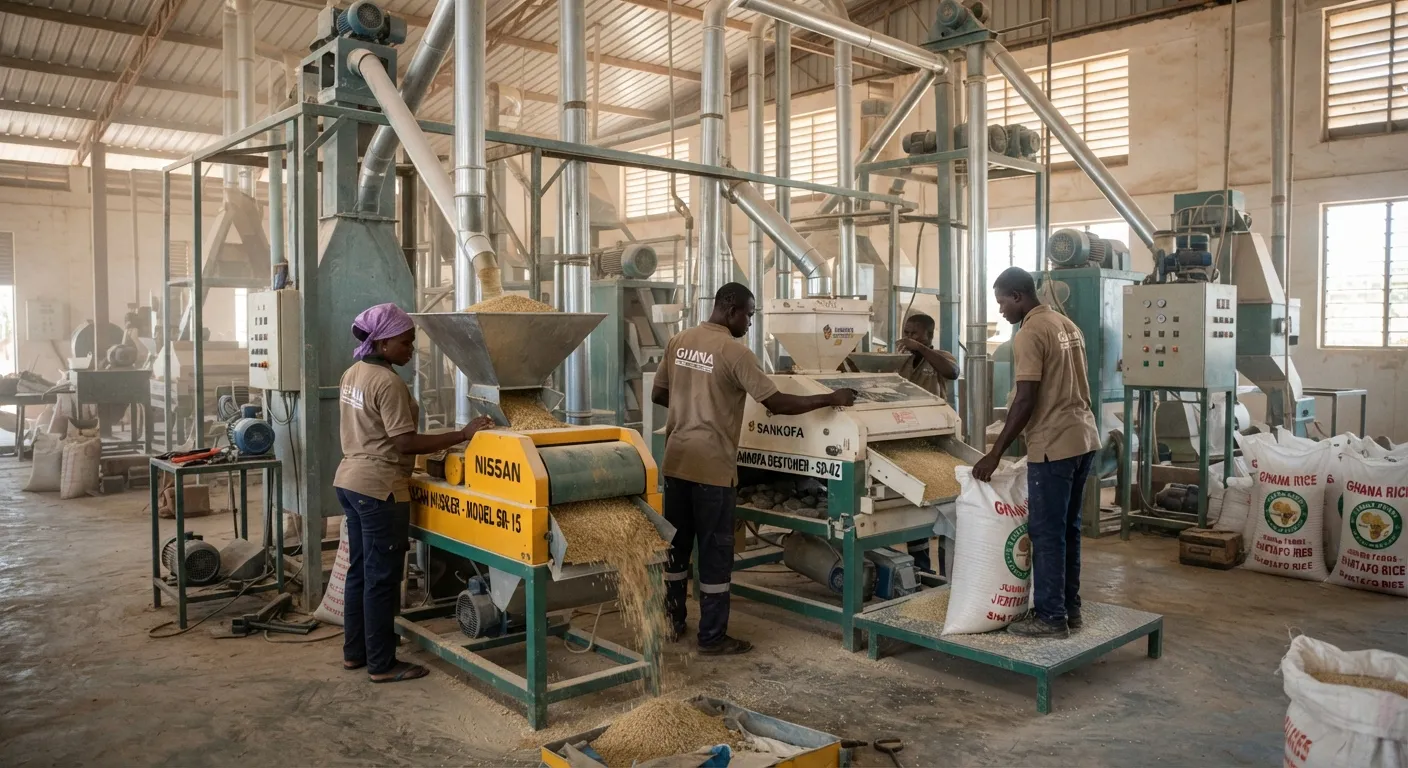 Interior of a modern Ghanaian rice mill with rubber-roller and destoning machinery in operation