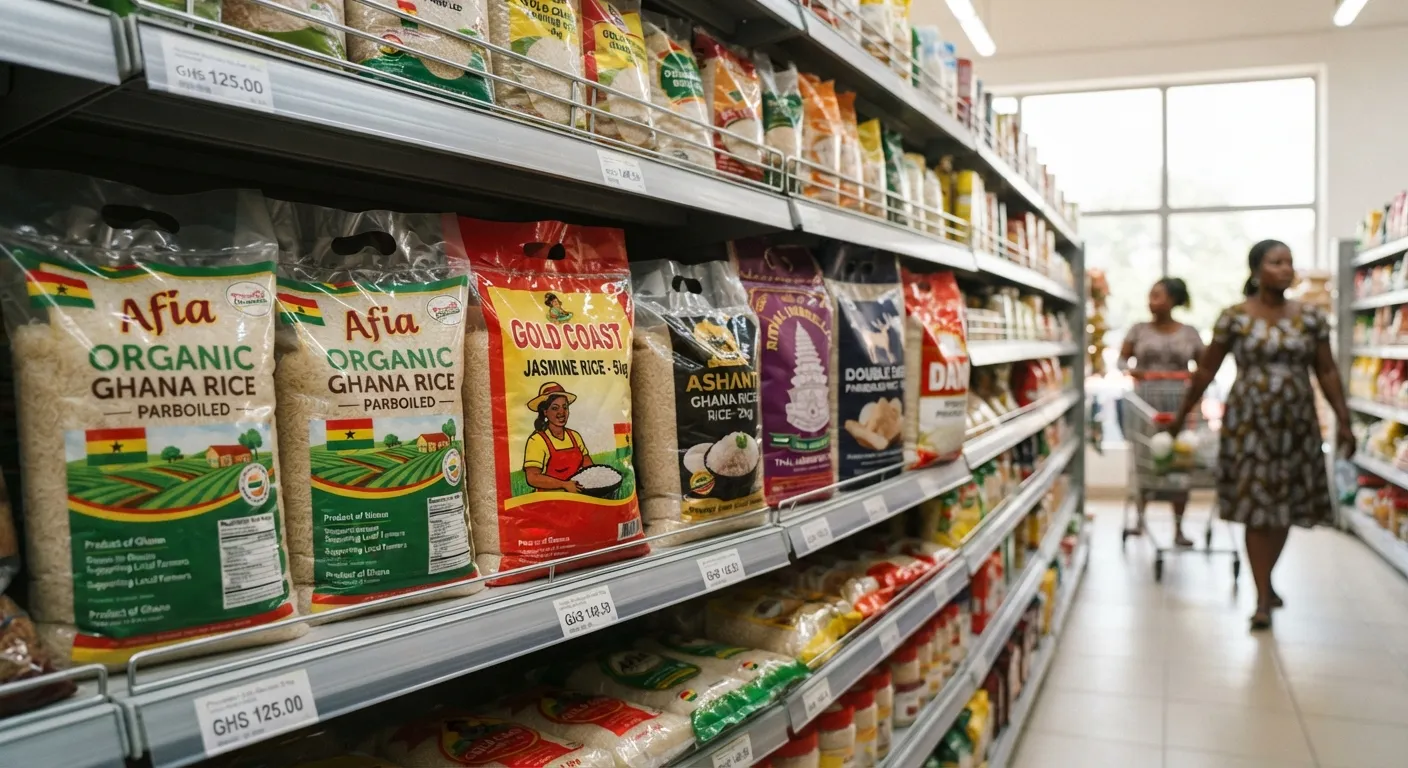 Branded packaged local rice on a supermarket shelf beside imported rice in Ghana