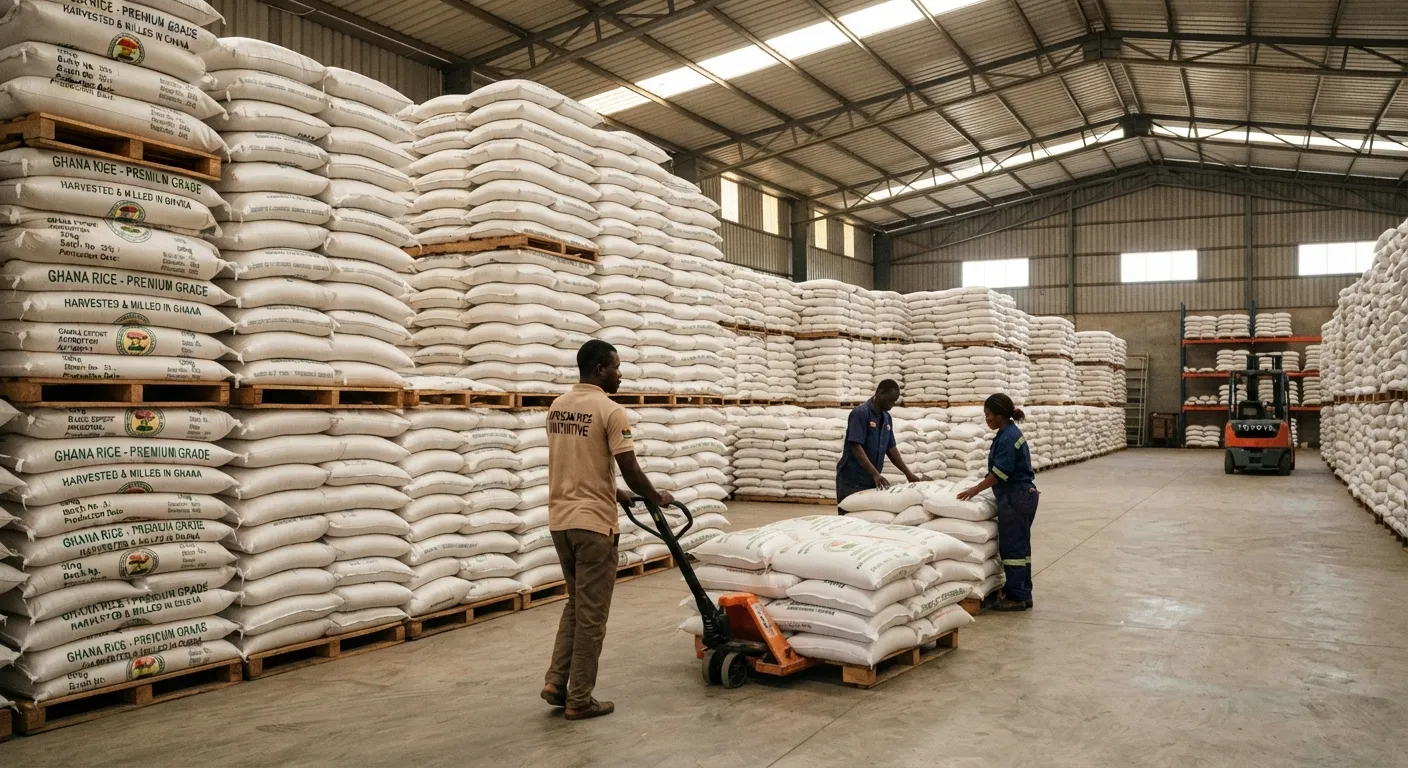 A warehouse with neatly stacked graded rice bags in tall rows for storage in Ghana