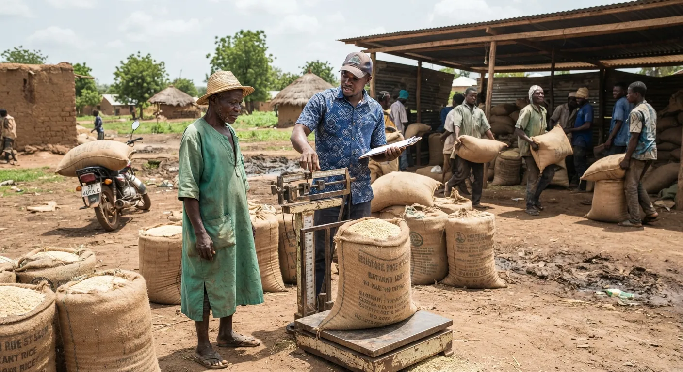 Sacks of paddy being weighed on a scale at a rural collection point in Ghana