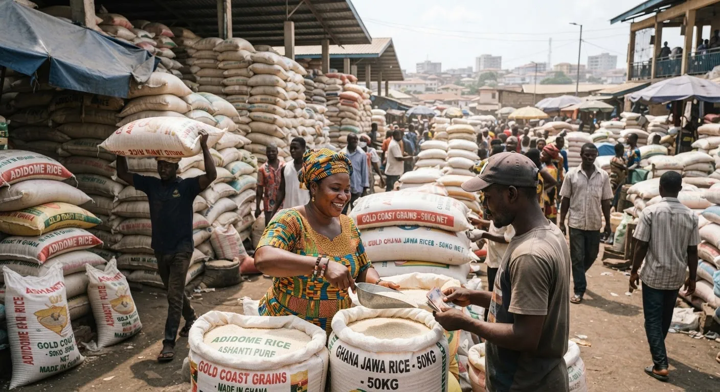 A busy wholesale rice market in Accra with stacked sacks and traders