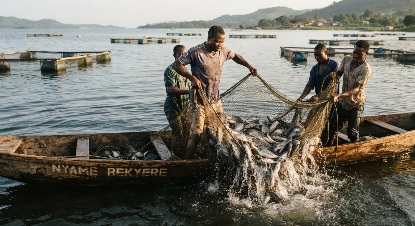 Ghanaian fish farmers hauling a cage net full of harvest-size tilapia up out of Lake Volta into a wooden boat, water streaming off the silver fish, morning light