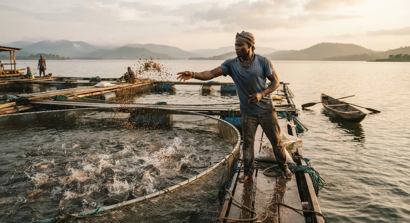A Ghanaian cage-farm worker broadcasting floating feed pellets by hand across a tilapia cage on Lake Volta at dawn, fish boiling to the surface, still water and distant hills