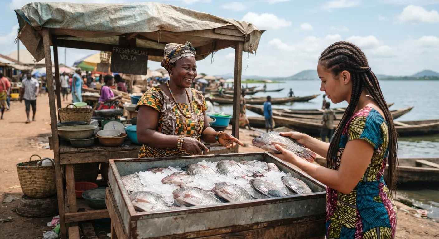 A Ghanaian market woman selling glistening fresh whole tilapia on ice at a lakeside stall, a customer inspecting a fish, bright daylight, no frozen cartons